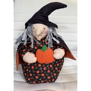 Handmade Halloween Witch Doll‎ Holding Pumpkin Fabric Plush 14" Fall Decoration